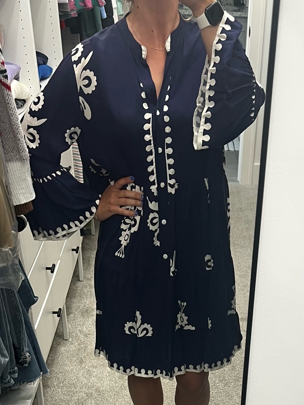 Women's Navy Blue Floral Tiered Button-Front Dress